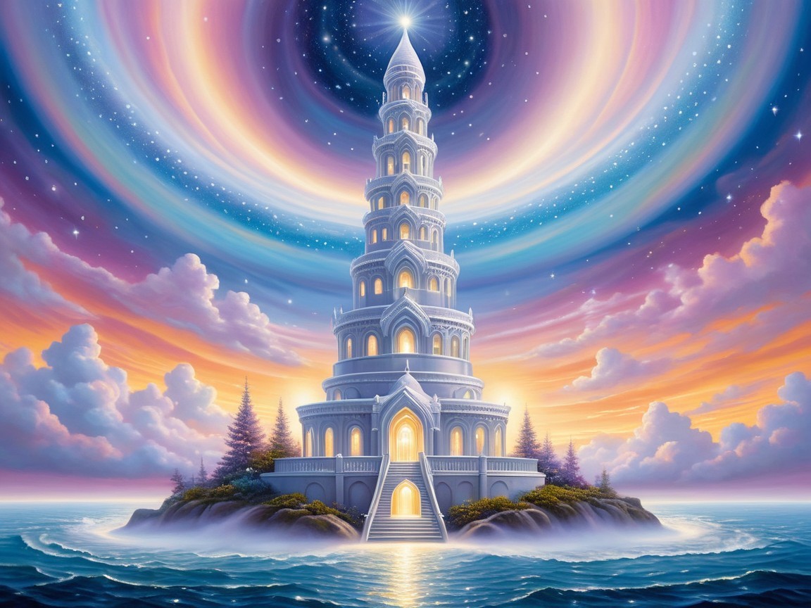 Majestic Tower on Island Surrounded by Calm Waters