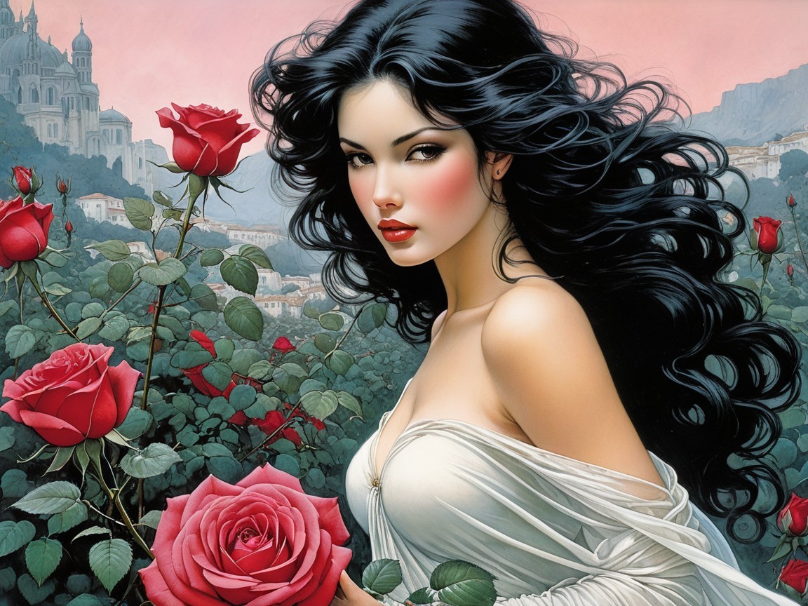 Stunning Woman Among Vibrant Roses and Rolling Hills