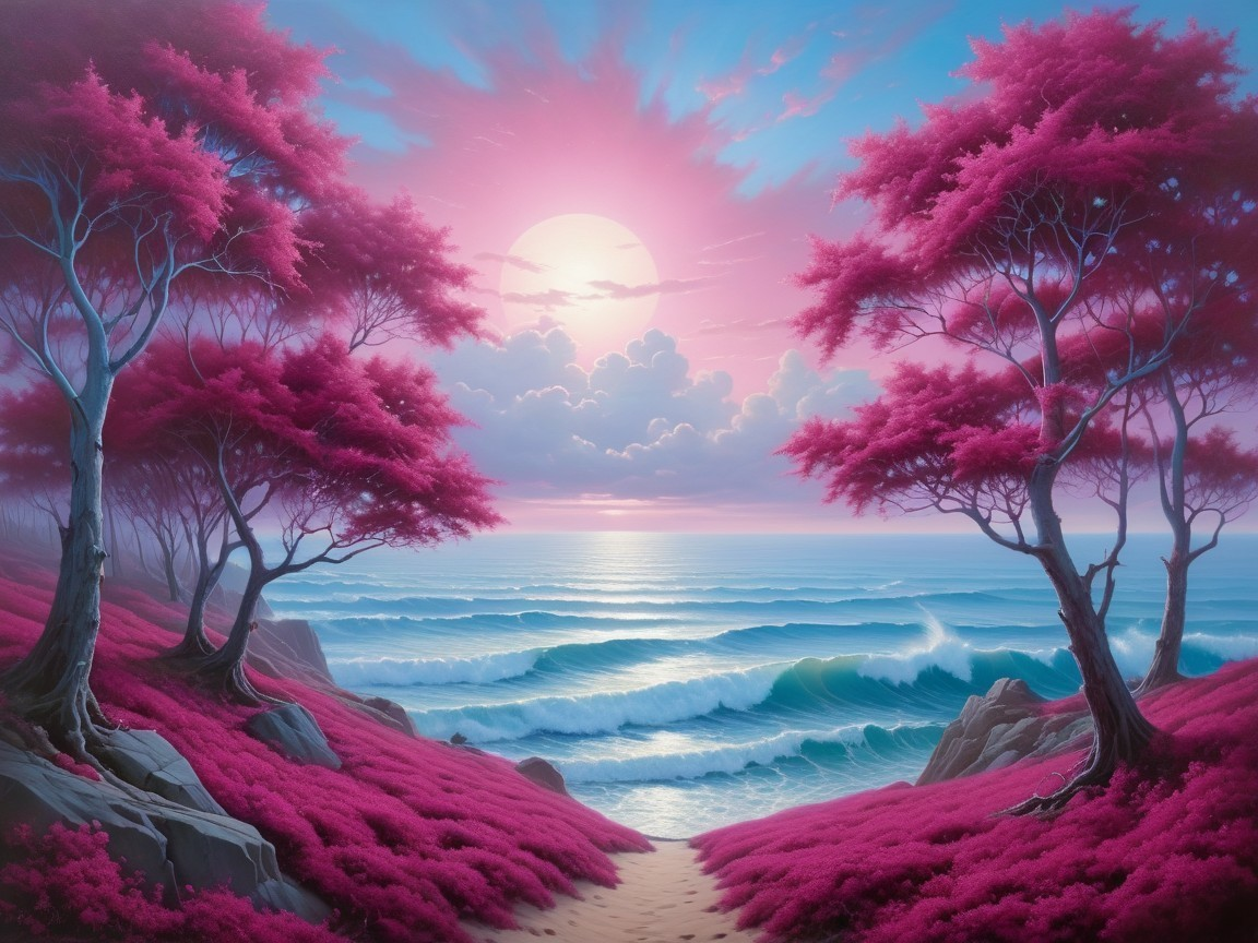 Serene Seascape with Pink Foliage and Rocky Cliffs