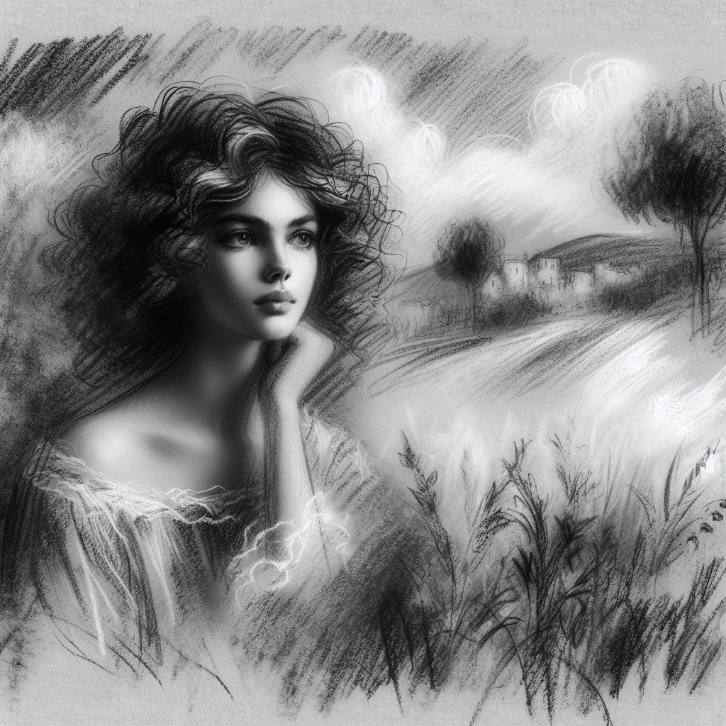 Charcoal Sketch of a Young Woman in Rural Landscape