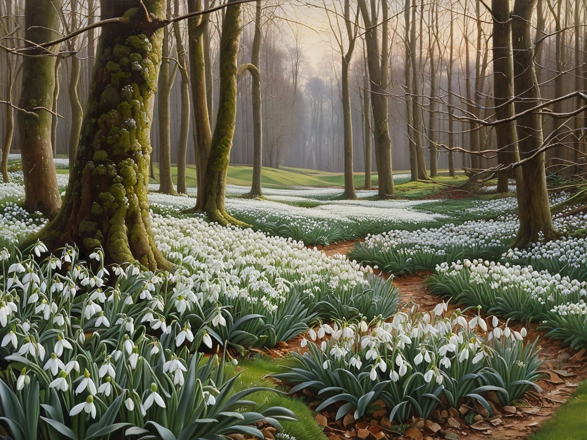 Serene forest landscape with snowdrop flowers and trees