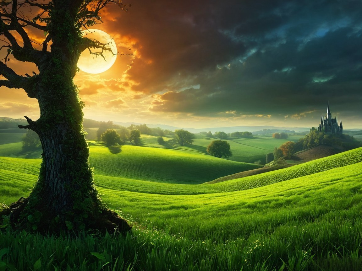 Rolling Green Fields and Castle at Sunset
