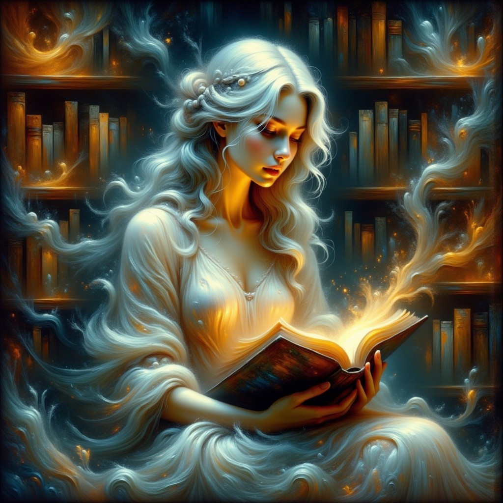 Mystical Library with Glowing Books and Serene Figure