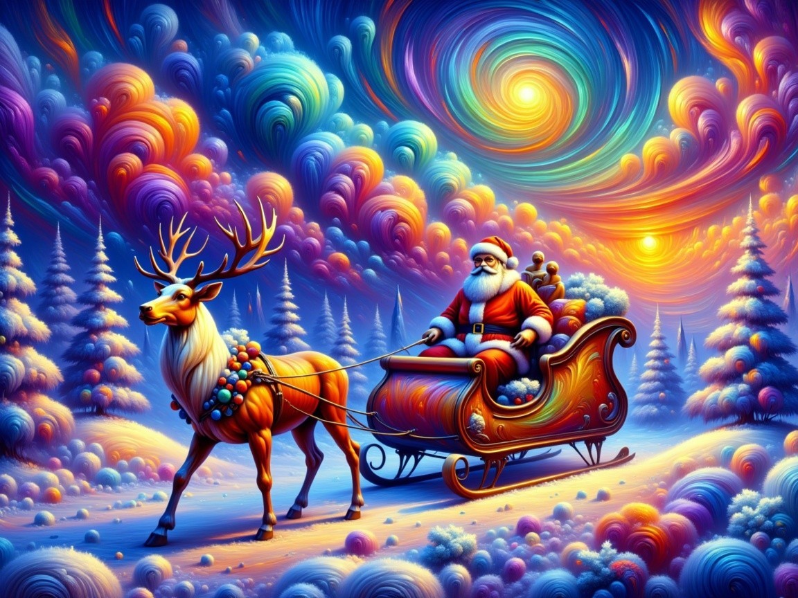 Santa Claus in a decorated sleigh across snowy landscape