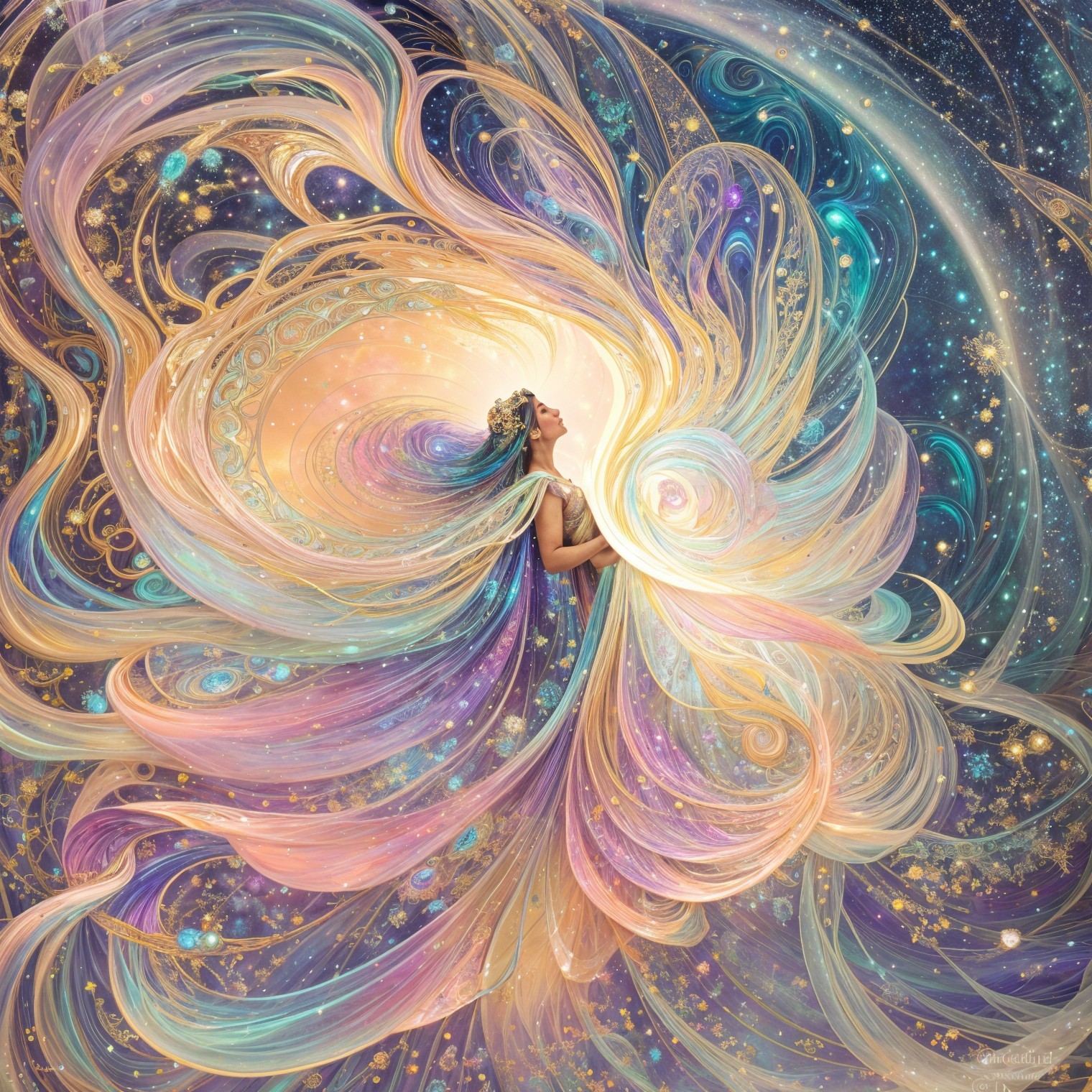 Celestial Figure in Vibrant Cosmic Colors and Patterns