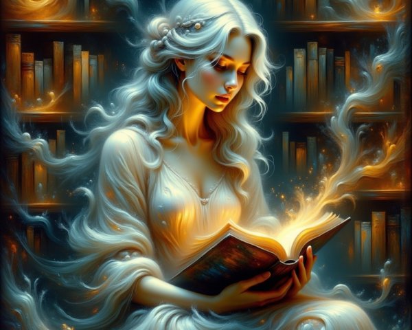 Mystical Library with Glowing Books and Serene Figure