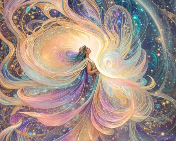 Celestial Figure in Vibrant Cosmic Colors and Patterns