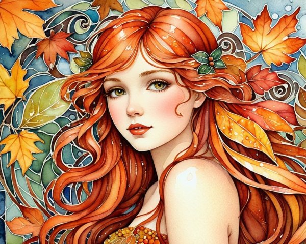 Young Woman with Red Hair in Autumn Leaves Background