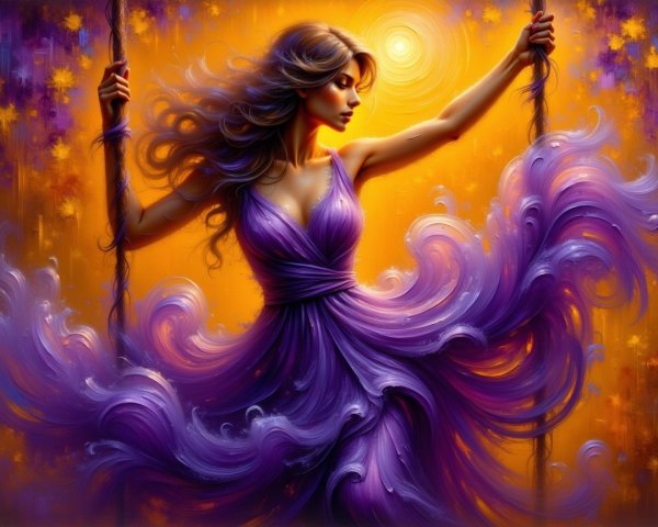Vibrant Oil Painting of Woman on Swing in Purple Gown