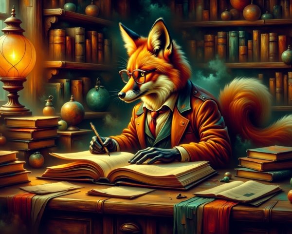 Anthropomorphic fox in suit writing at wooden desk