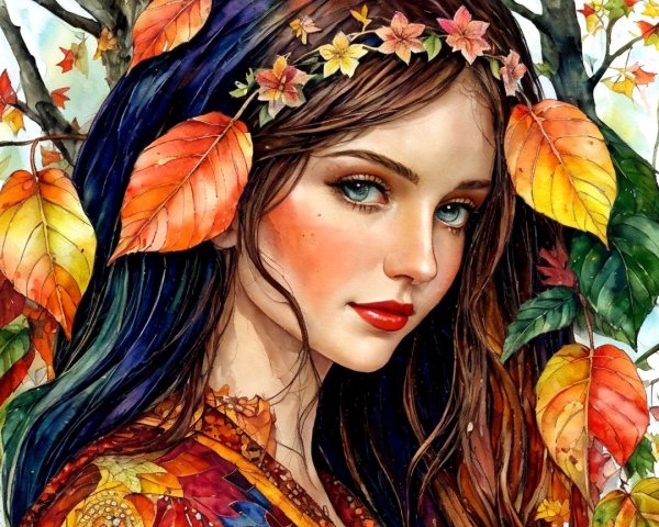 Young woman with floral crown and autumn leaves