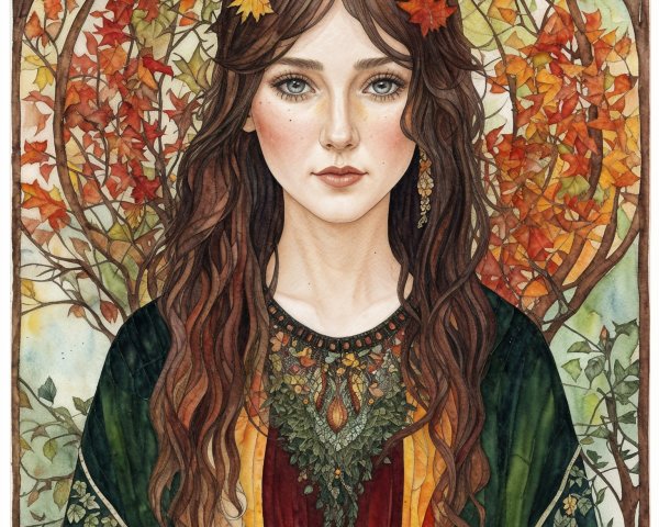 Young woman in ornate garment among autumn leaves