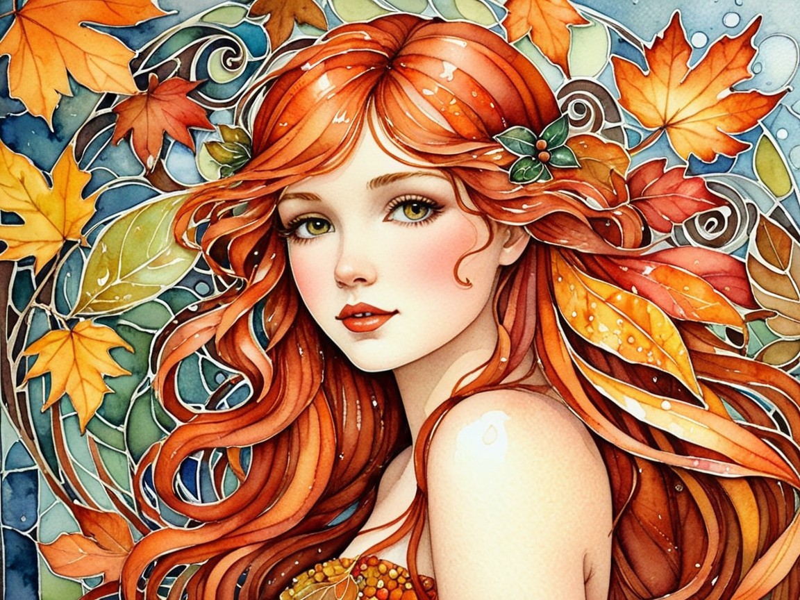 Young Woman with Red Hair in Autumn Leaves Background
