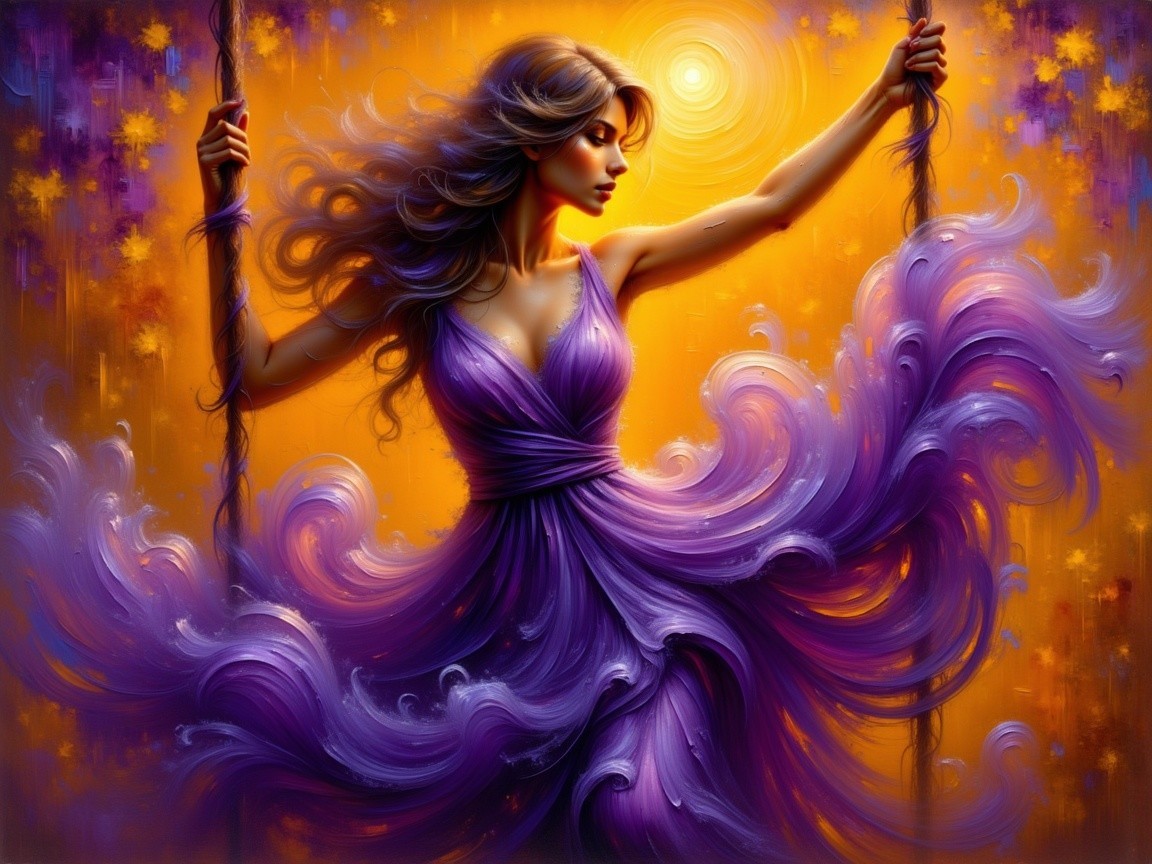 Vibrant Oil Painting of Woman on Swing in Purple Gown