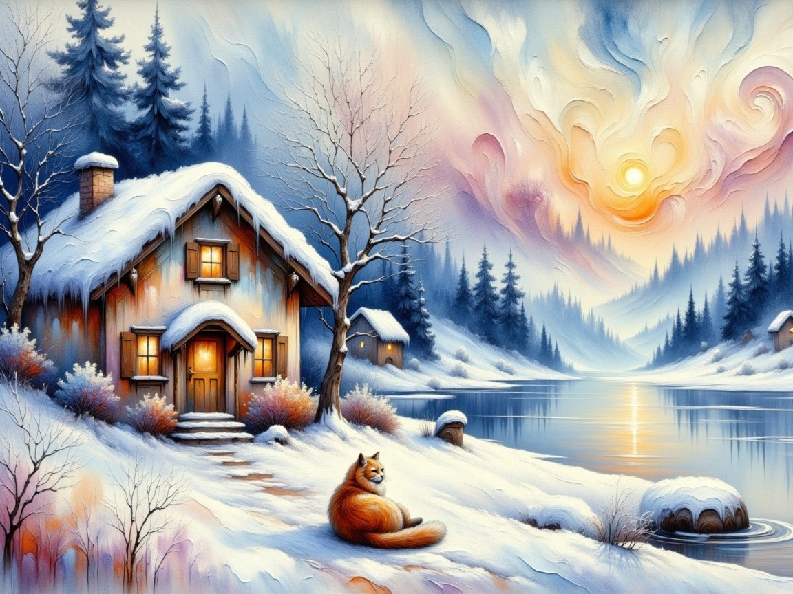 Cozy Snow-Covered Cabin by Frozen Lake with Fox