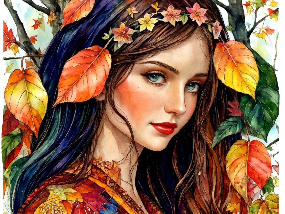 Young woman with floral crown and autumn leaves