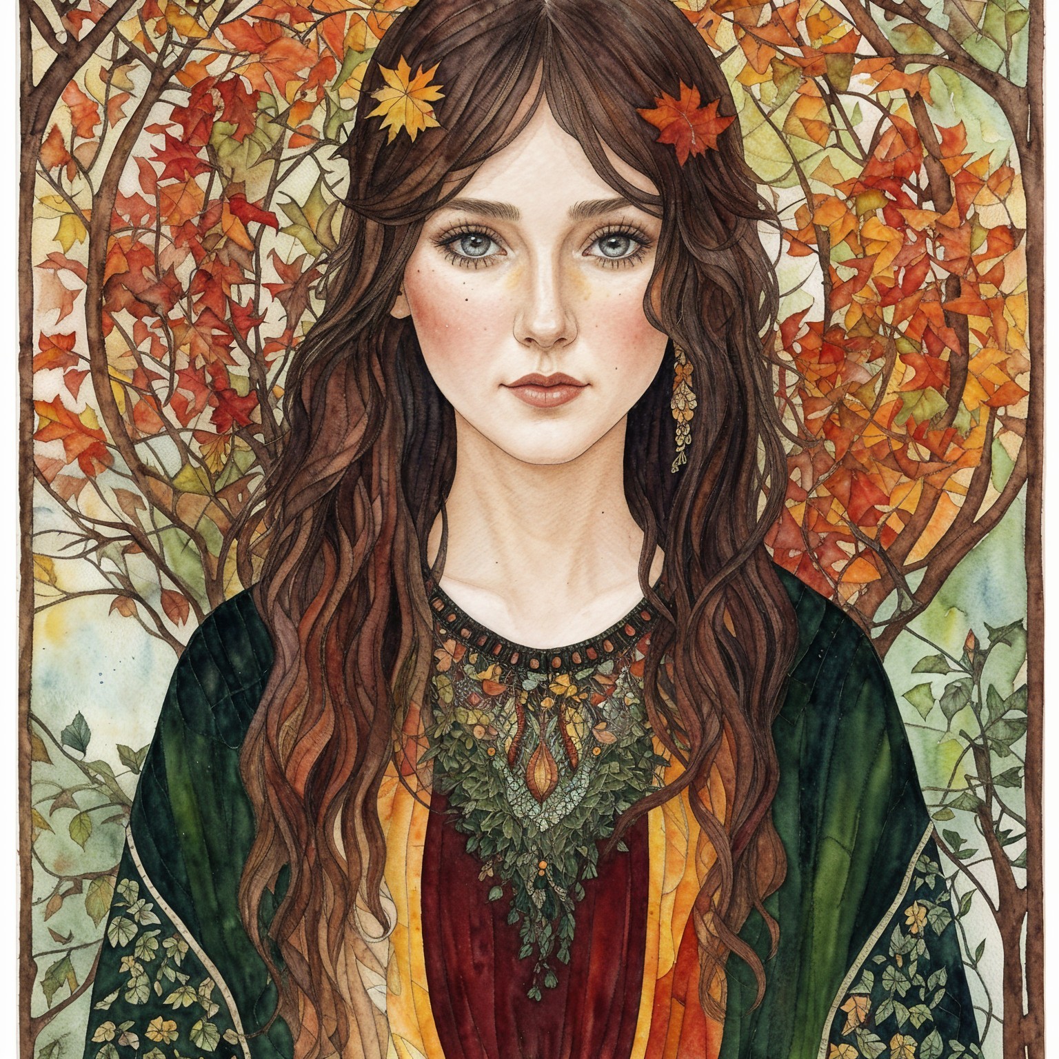 Young woman in ornate garment among autumn leaves