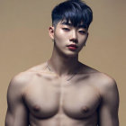 Young man with blue hair poses shirtless, showcasing physique