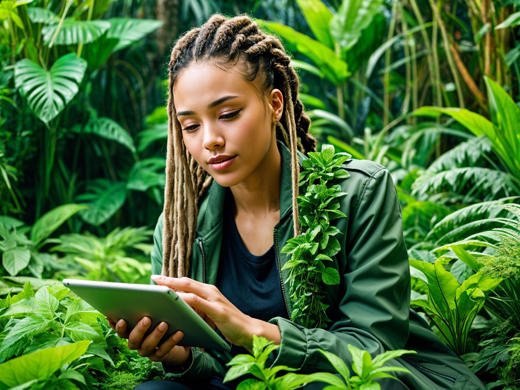 Young woman with dreadlocks in a green environment