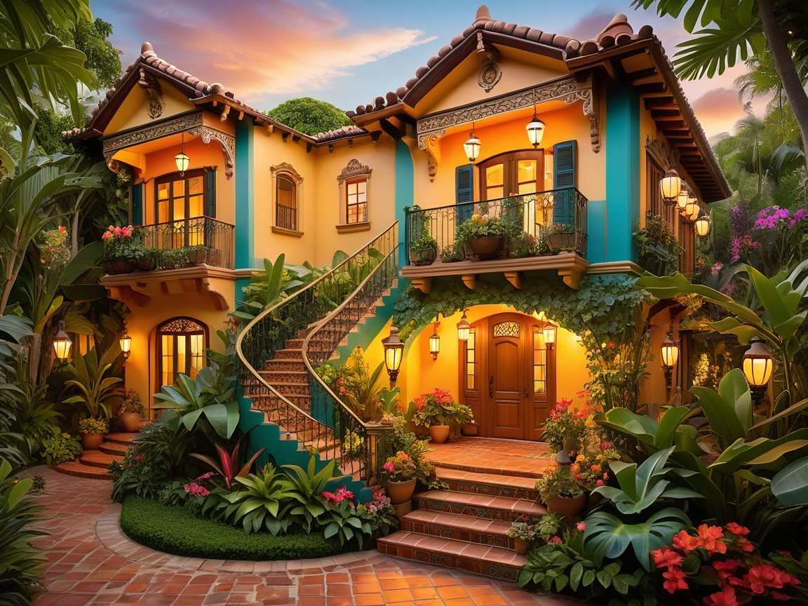 Vibrant Two-Story House Surrounded by Lush Garden