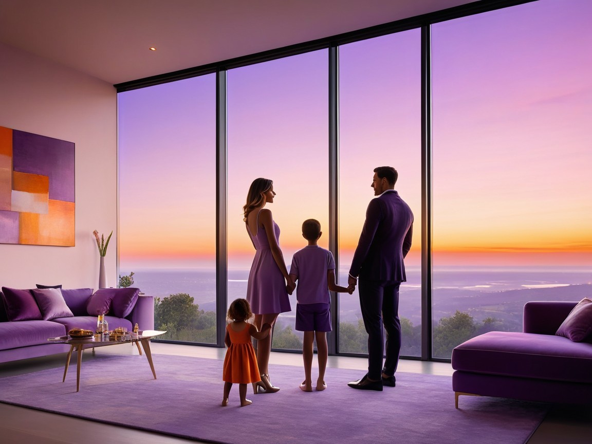 Family in Modern Living Room with Sunset View