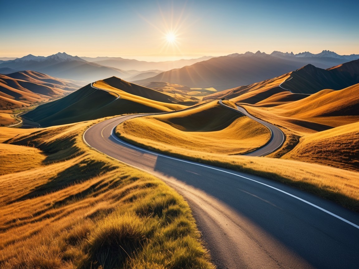 Winding Road Through Golden Hills at Sunrise