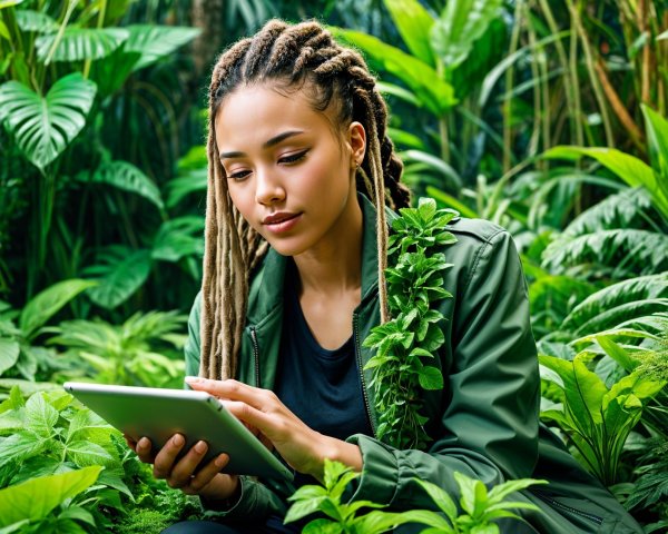 Young woman with dreadlocks in a green environment