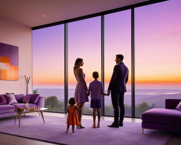 Family in Modern Living Room with Sunset View