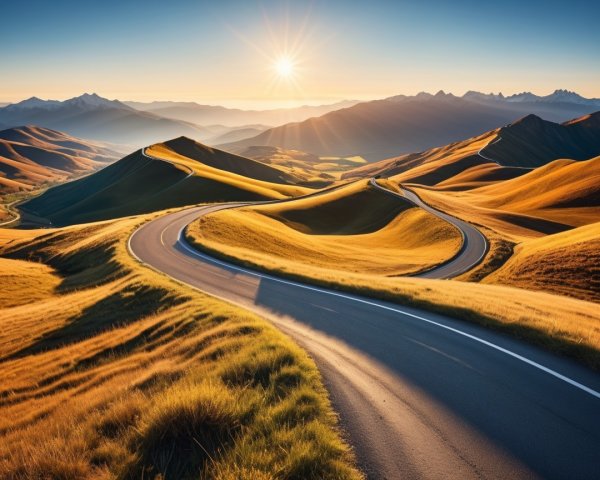 Winding Road Through Golden Hills at Sunrise