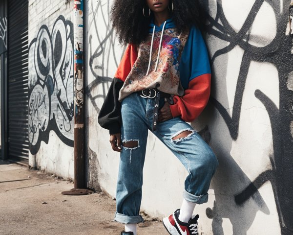 Young woman in oversized hoodie by graffiti wall