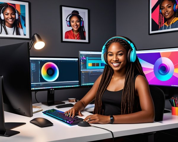 Modern Workspace Featuring Creative Woman with Dual Monitors
