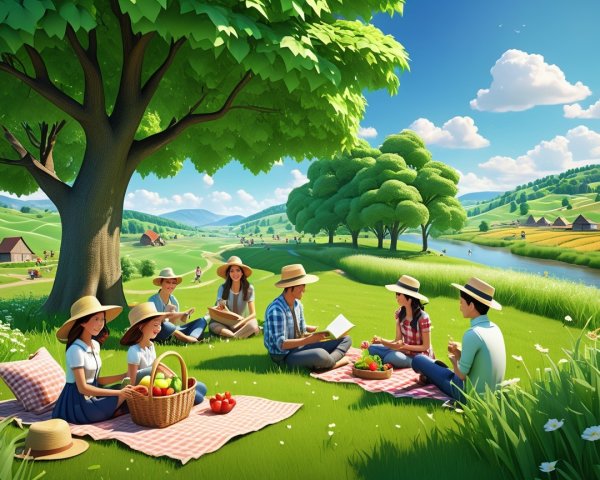 Friends having a picnic in a lush green meadow