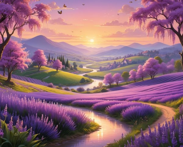 Serene Sunset Landscape with Lavender Fields and River