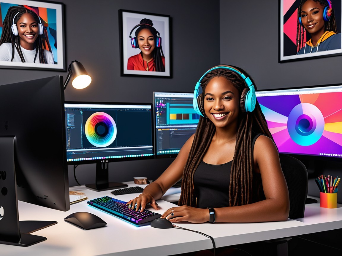 Modern Workspace Featuring Creative Woman with Dual Monitors