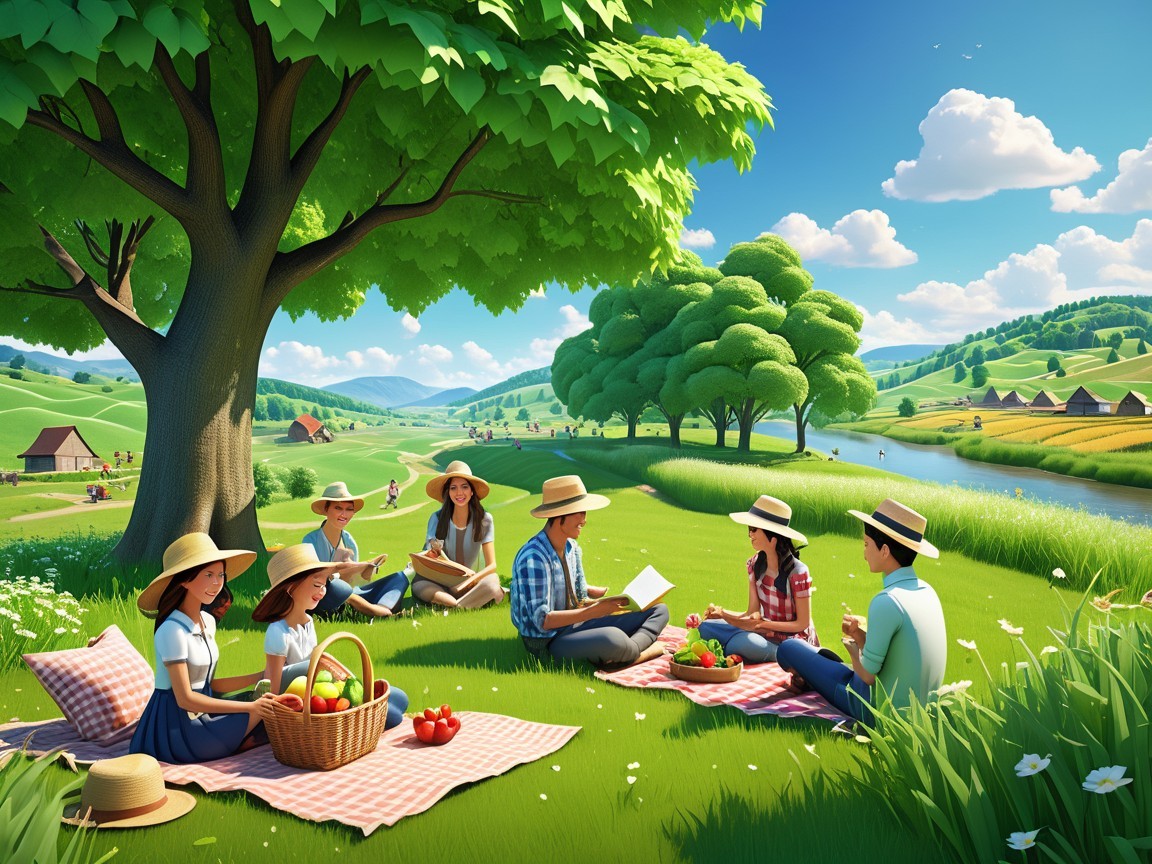 Friends having a picnic in a lush green meadow
