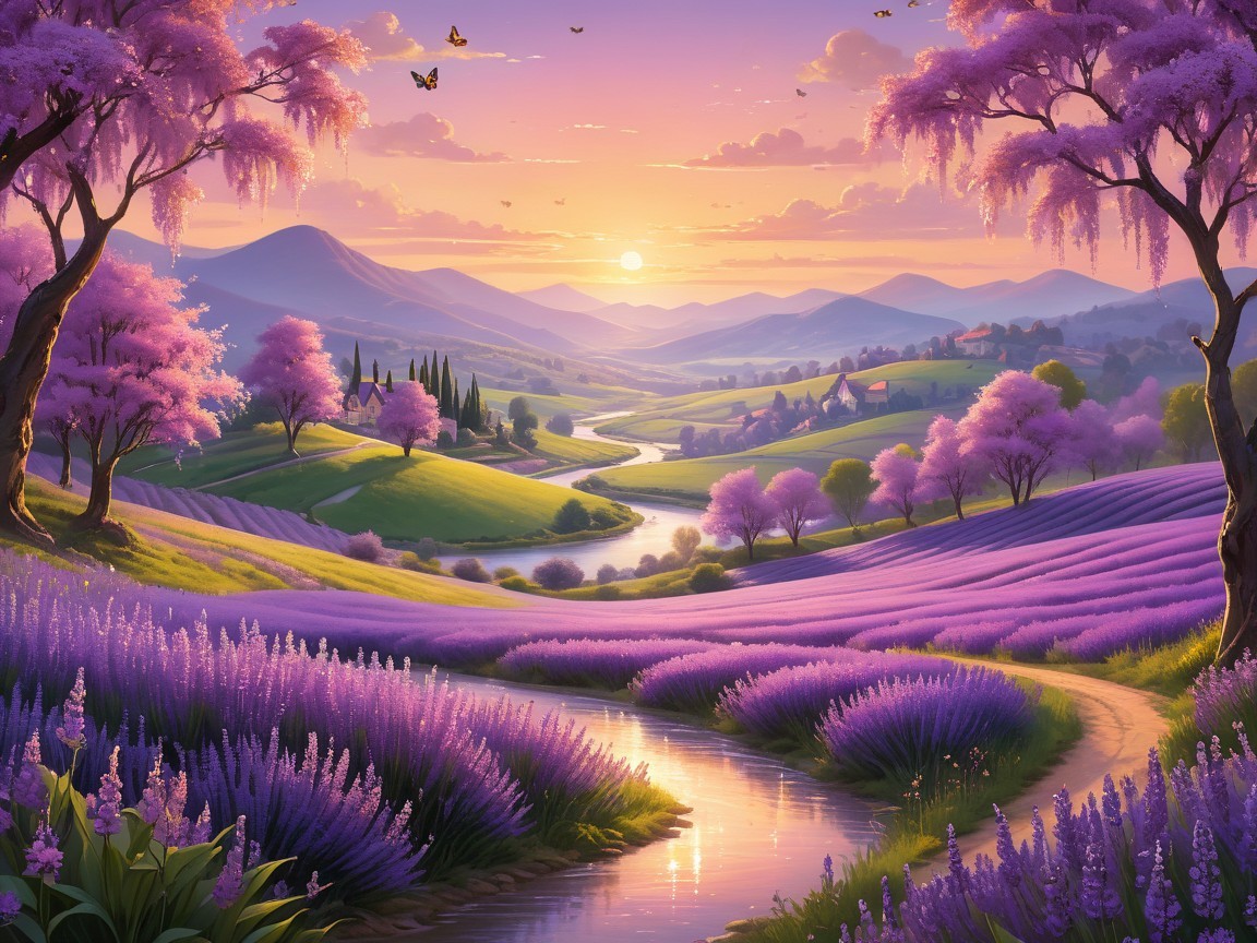 Serene Sunset Landscape with Lavender Fields and River