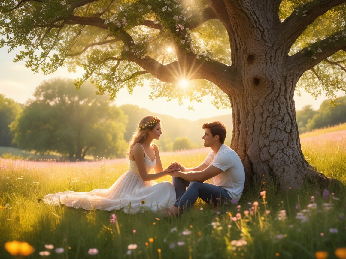 Couple Enjoys Intimate Moment Under a Large Tree