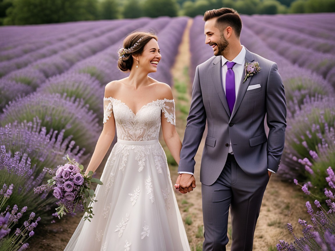 Couple in Lavender Field with Elegant Attire and Smiles