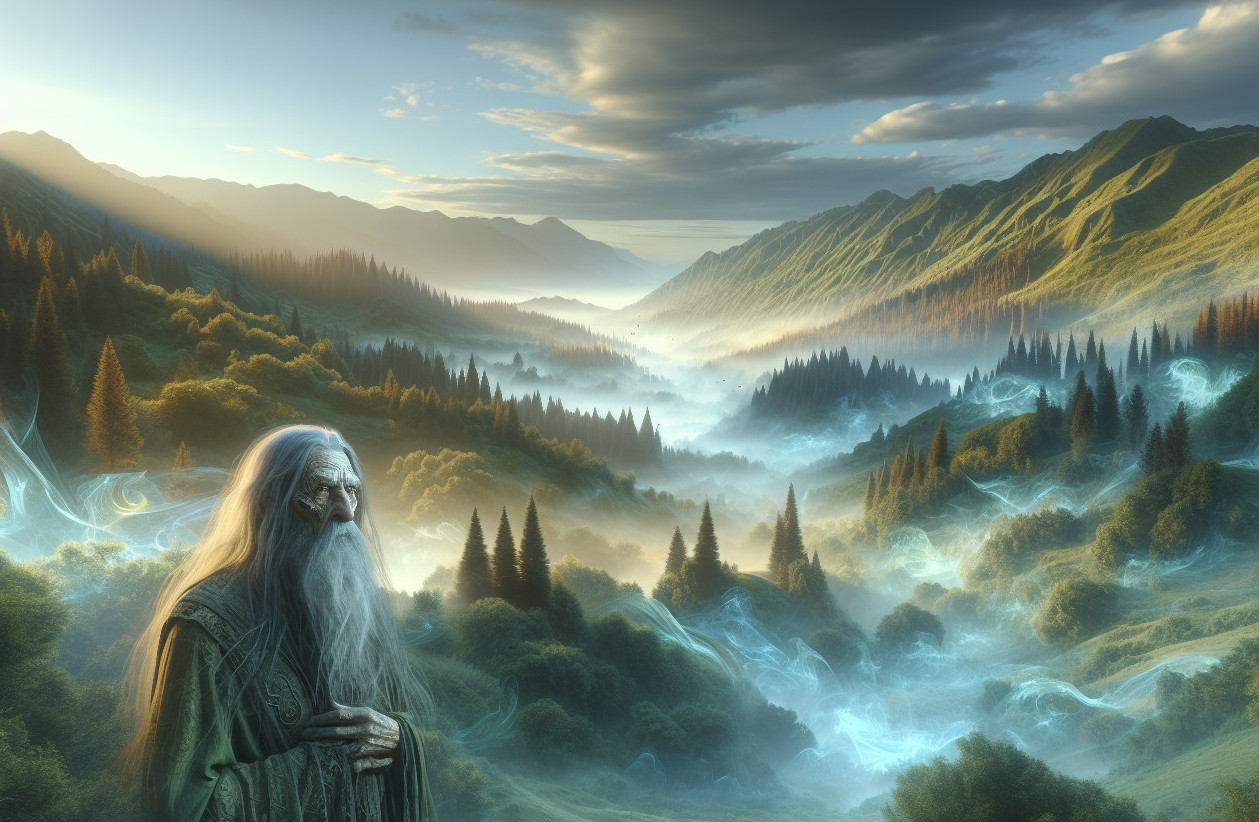Ancient Figure in a Misty Valley with Majestic Mountains