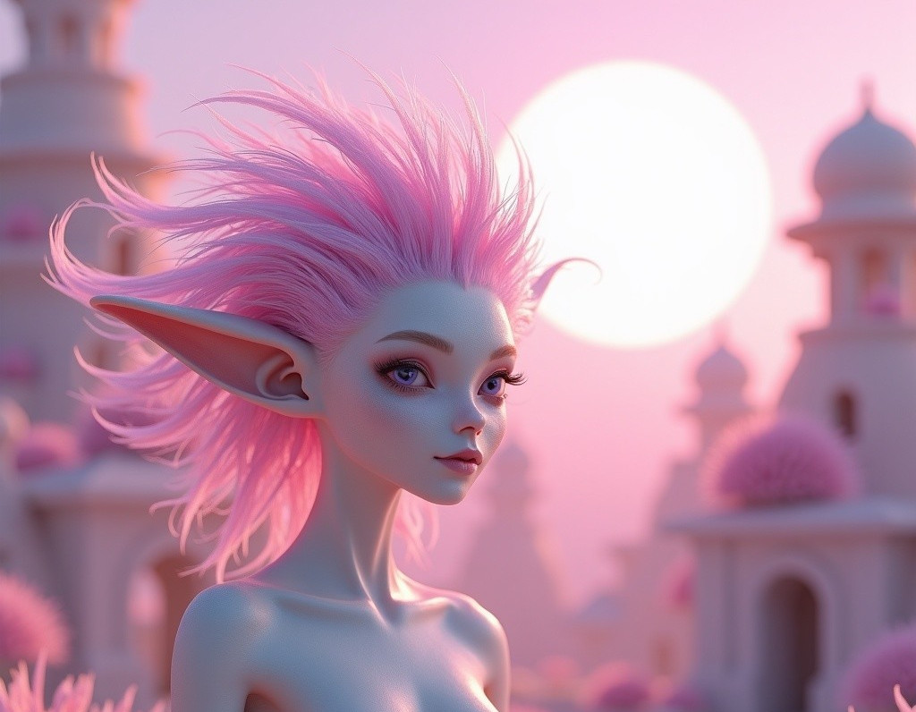 Fantastical Character with Pink Hair at Sunset