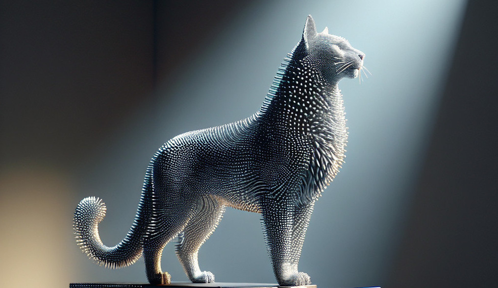 Sculpture of a cat on an anvil with intricate details