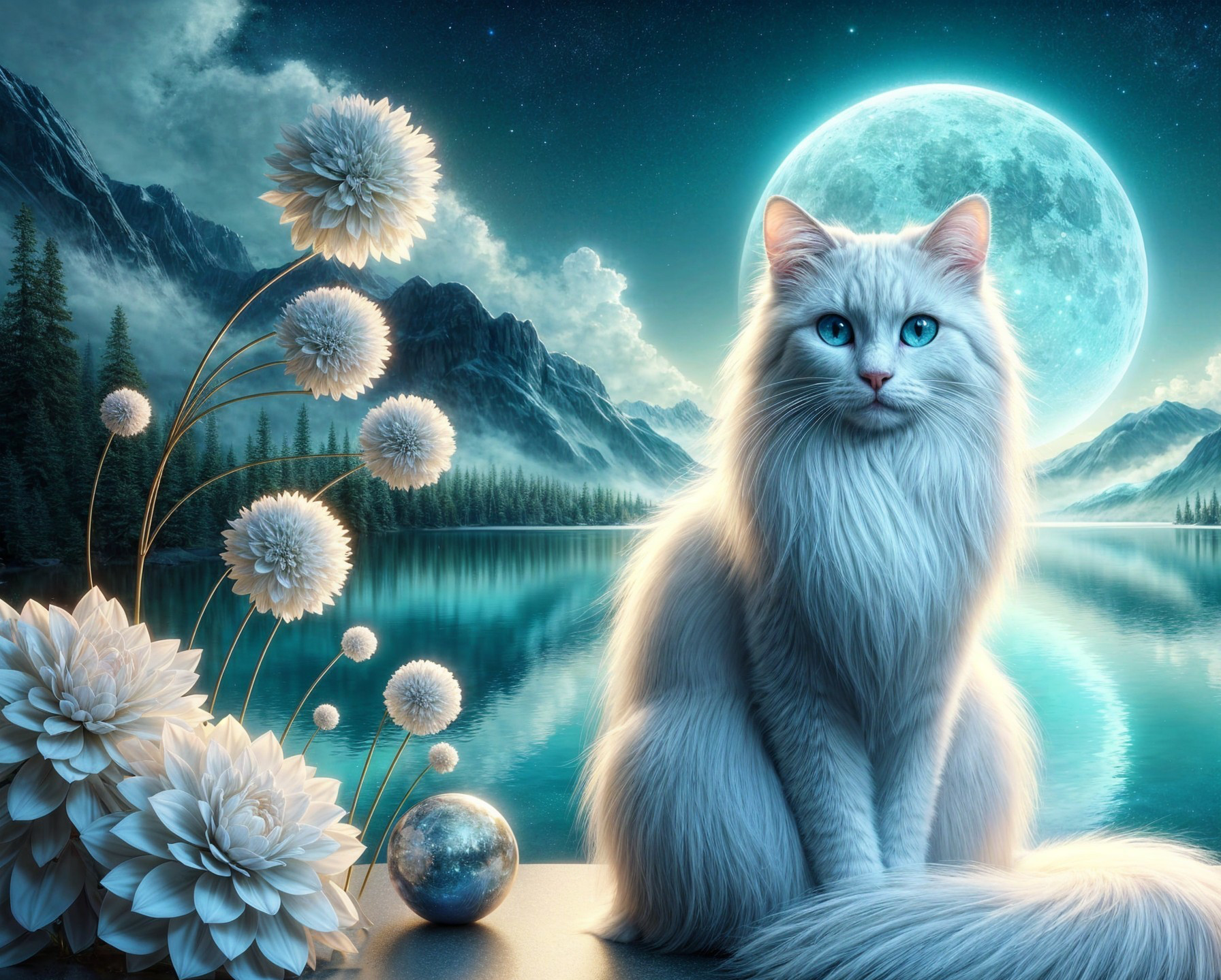 Majestic White Cat by Tranquil Lake Under Full Moon