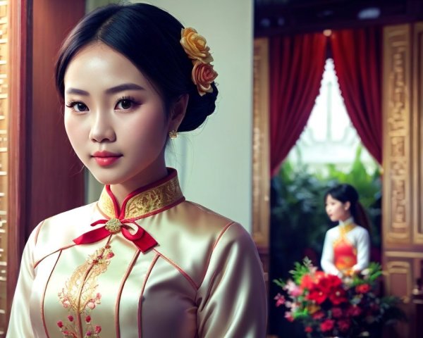 Young Woman in Traditional Attire with Floral Decorations