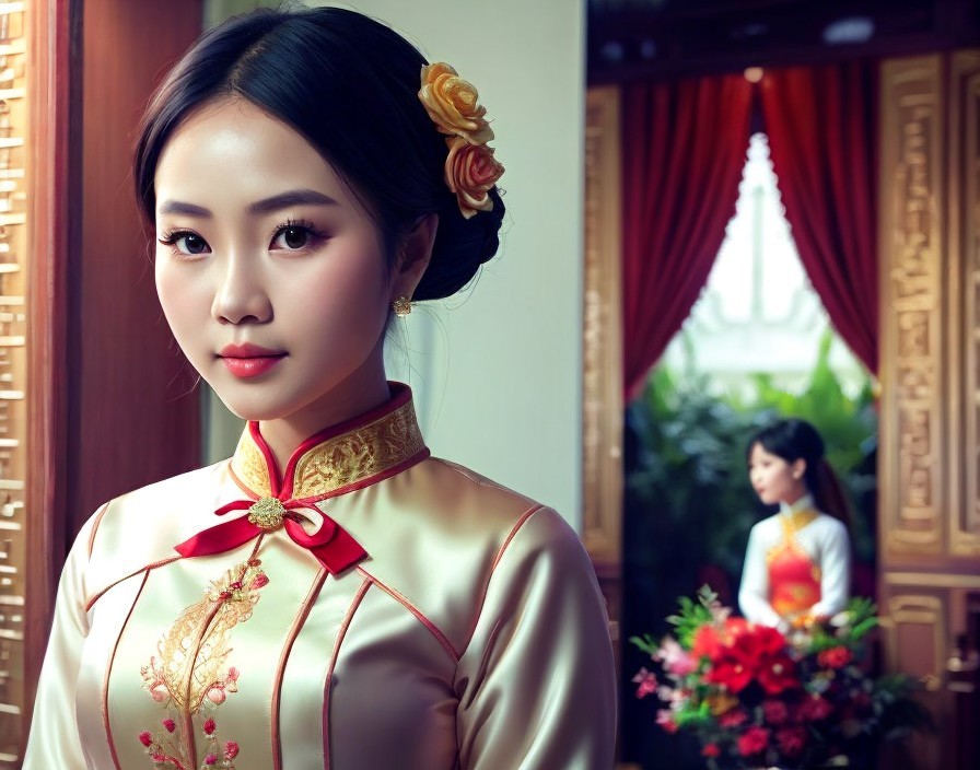 Young Woman in Traditional Attire with Floral Decorations