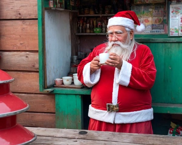 Santa Claus by a rustic shack with festive decorations