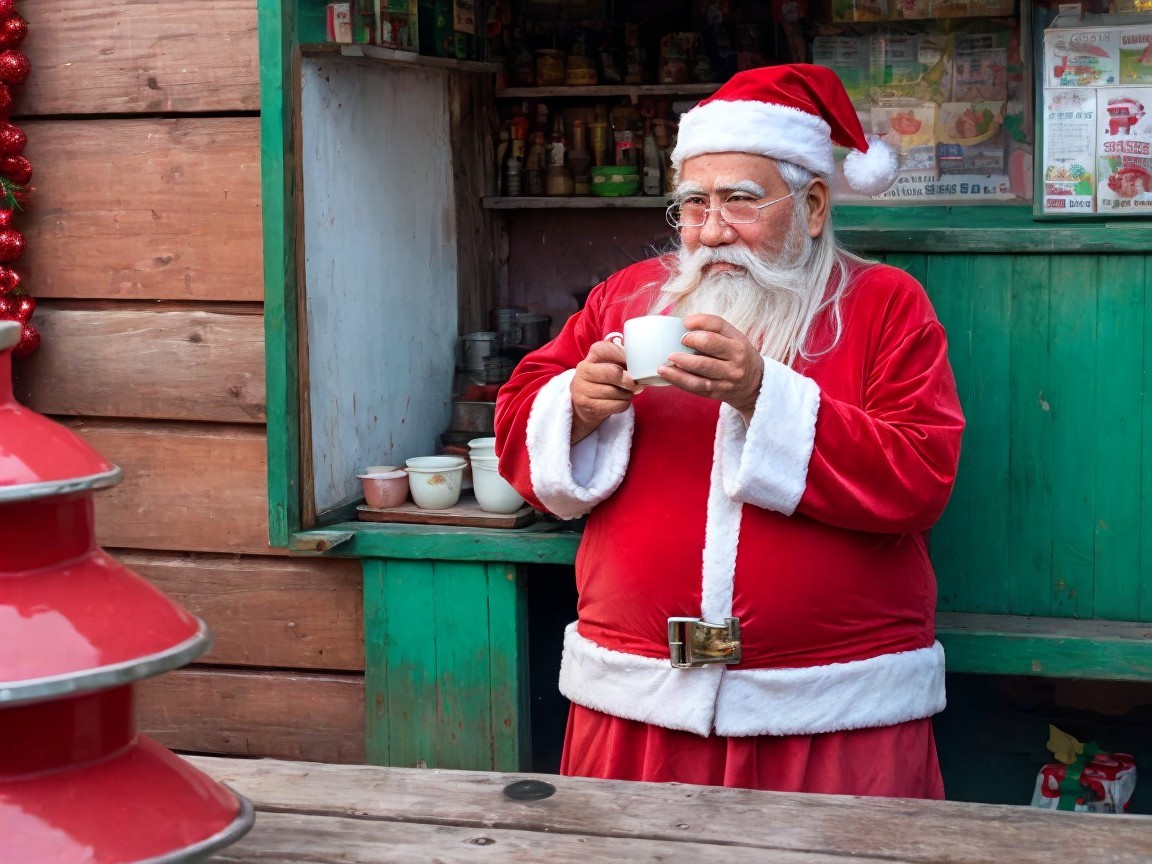 Santa Claus by a rustic shack with festive decorations