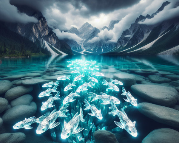 Mountain Lake with Luminous Fish and Towering Peaks