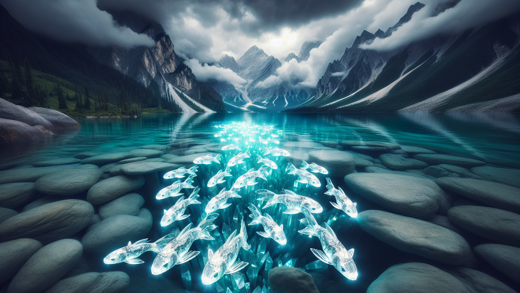 Mountain Lake with Luminous Fish and Towering Peaks