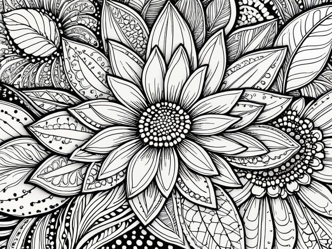 Black-and-white illustration of a central flower design