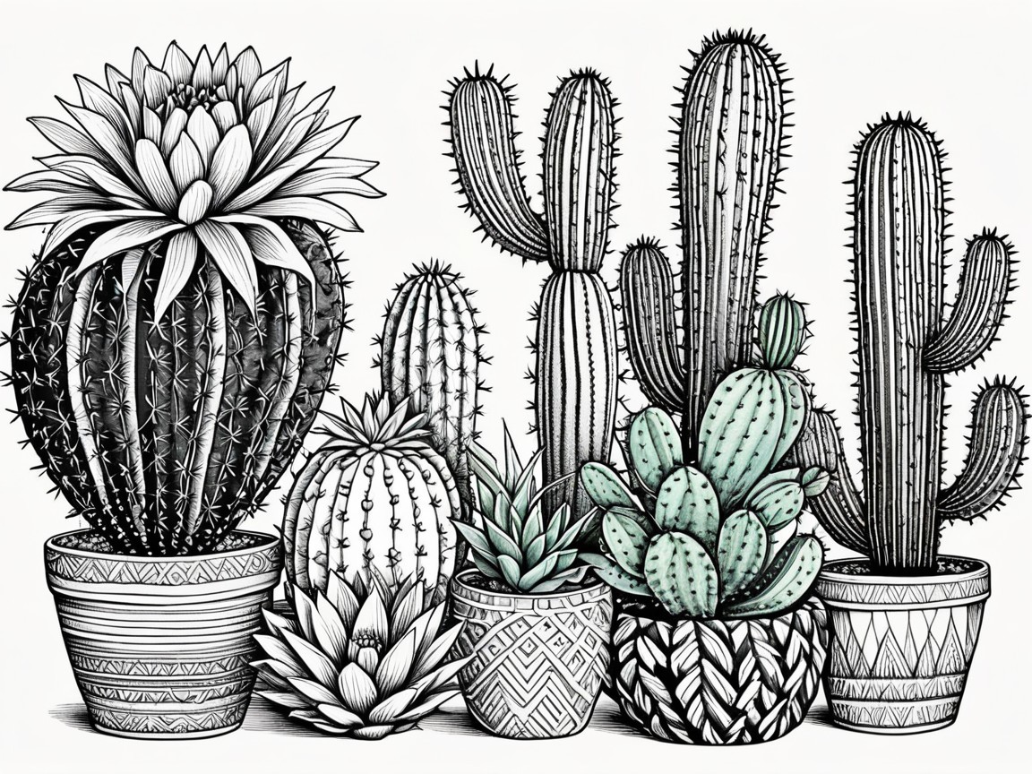Monochrome Illustration of Cacti and Succulents in Pots